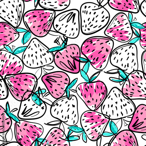 Hand drawn isolated seamless pattern strawberry on white background. Sketched food vector. Abstract colourful illustration. 