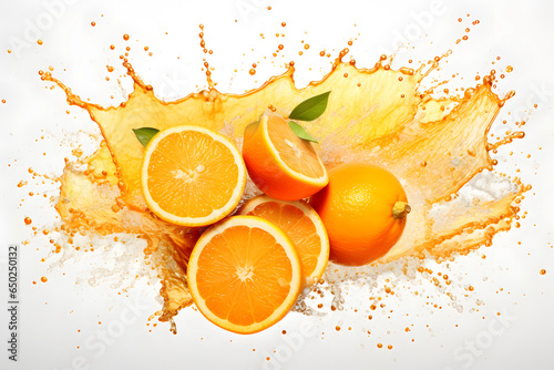 Water and orange juice splash on fresh orange with leaves isolated on white background.