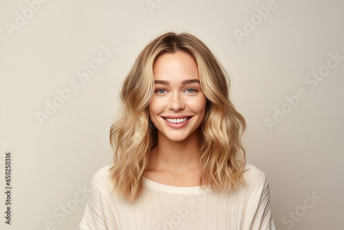 Modern Illustration generative AI collage charming blonde woman smiling white teeth isolated pastel beige color wall background