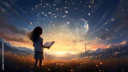 A girl holding a book staring at the sky under the stars | Generative AI