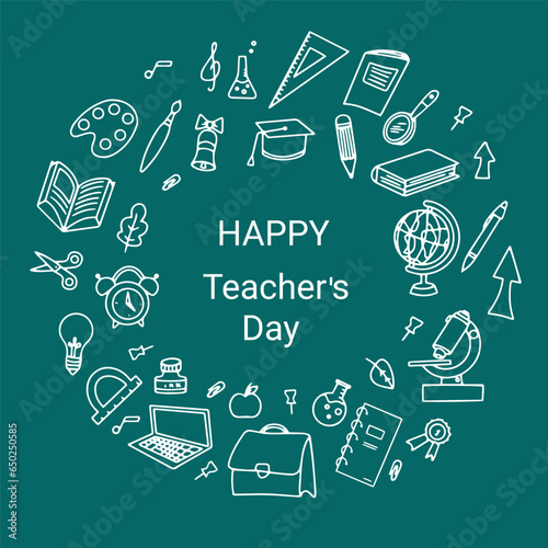 Happy Teacher's Day template for poster, banner, greeting card design. School drawings. Hand drawn vector 