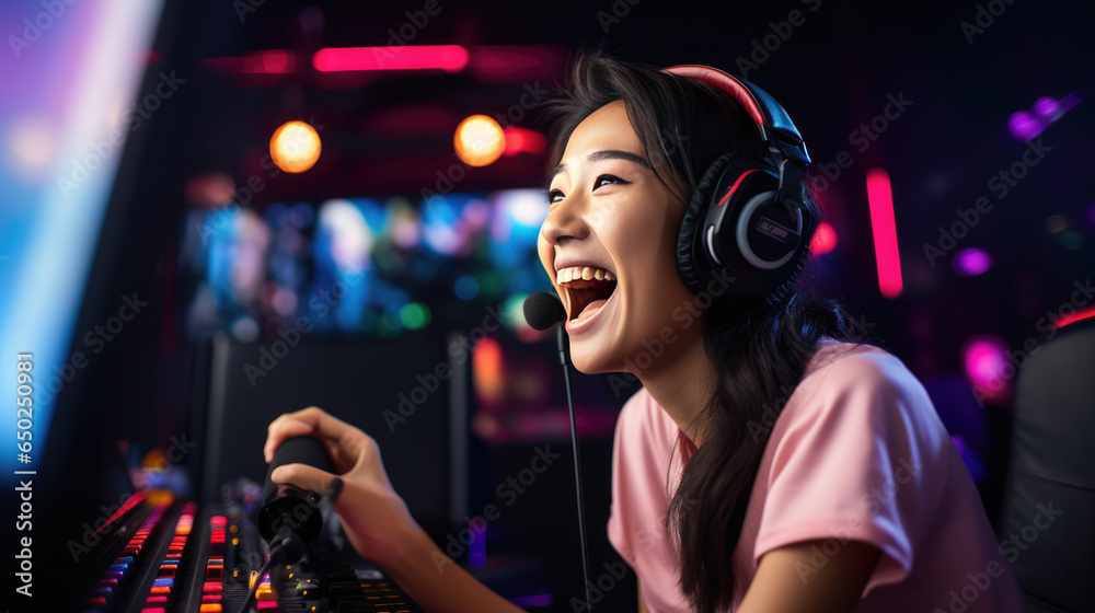 Girl gamer rejoices at winning the game - obrazy, fototapety, plakaty 