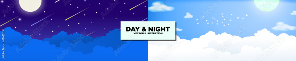 Meteor Shower Evening Sky and Blue cloudy day illustration Illustration Background. Starry night sky with blue clouds, full moon, shooting stars, comet, and meteor shower. Bright Day with floating wat