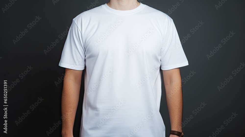 Men's blank white t-shirt front on gray background, minimalist urban clothing style, mockup for t-shirt printing shop Men's blank white t-shirt front on gray background, minimalist urban clothing style, mockup for t-shirt printing shop