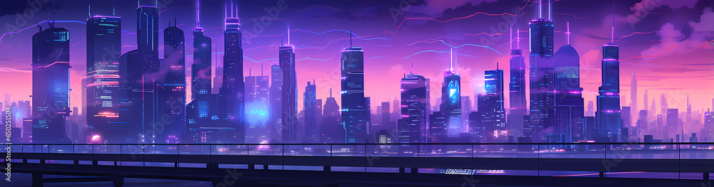 Cyberpunk Retro Futuristic City with Neon Lights Blog Header - obrazy, fototapety, plakaty 