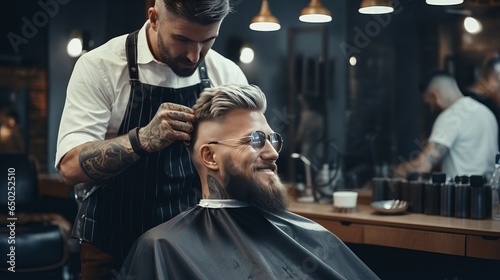 A hairdresser cuts a man's hair with scissors in a barbershop.
