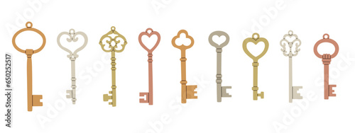 Keys vector set isolated on white background graphic clipart, flat cartoon modern classic vintage old retro door keys