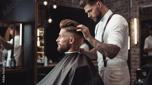 A hairdresser cuts a man's hair with scissors in a barbershop.