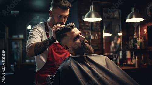 A hairdresser cuts a man's hair with scissors in a barbershop.