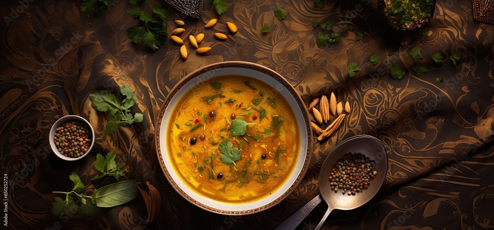 Bowl of lukewarm lentil soup with spices. - obrazy, fototapety, plakaty 