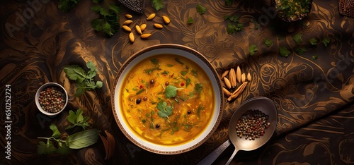 Bowl of lukewarm lentil soup with spices.