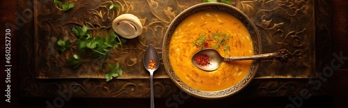 Bowl of lukewarm lentil soup with spices. photo