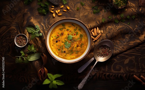 Bowl of lukewarm lentil soup with spices. photo