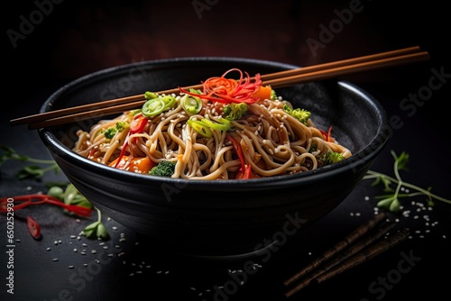 Some japanese noodle in a bowl with chopsticks