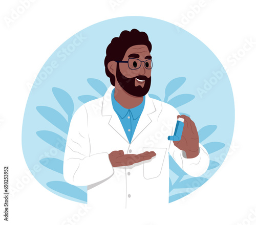 World Asthma Day. A smiling black elderly man doctor holds an inhaler in his hands for inhalation.