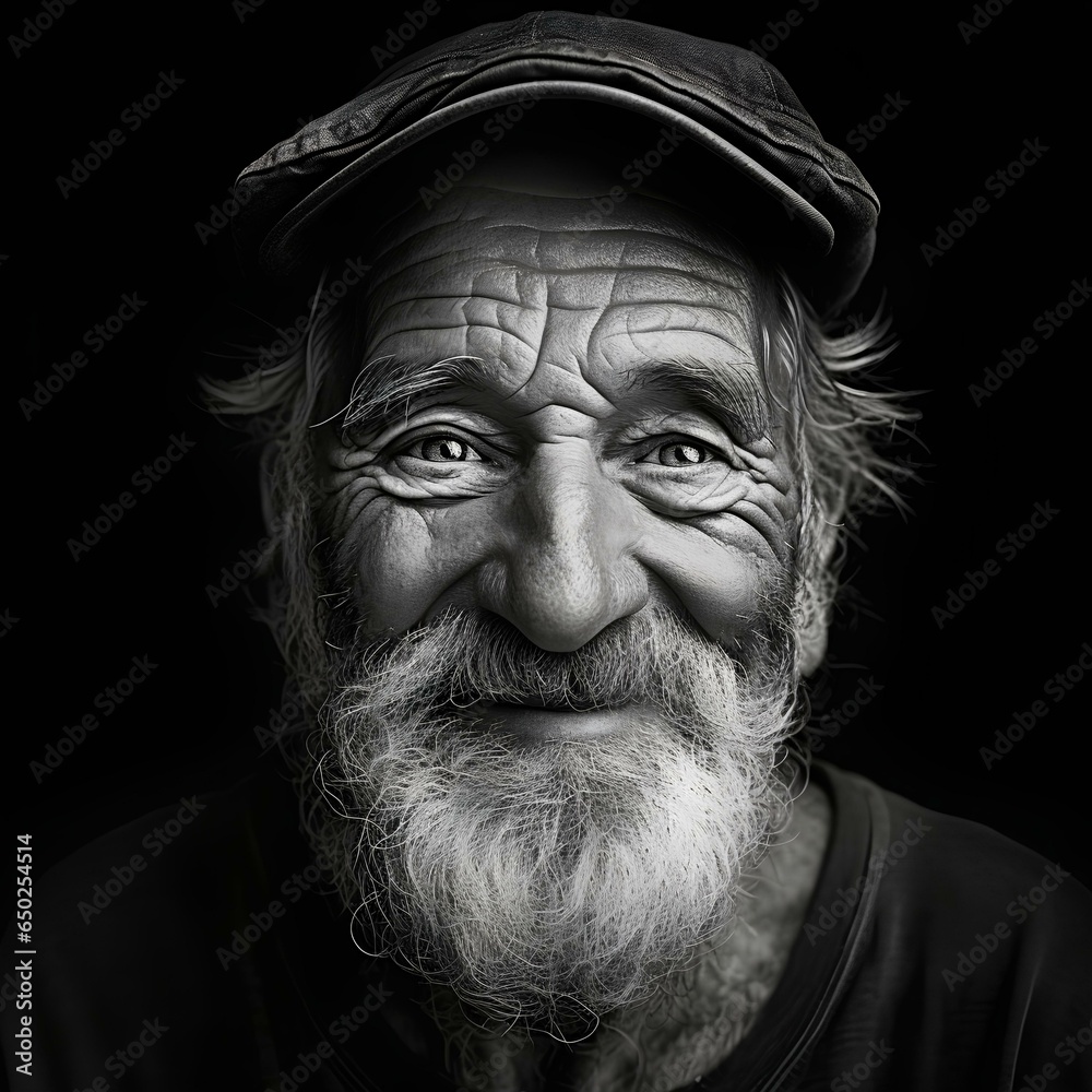 black and white photo of an old grandfather with a smiling facial expression black and white photo of an old grandfather with a smiling facial expression