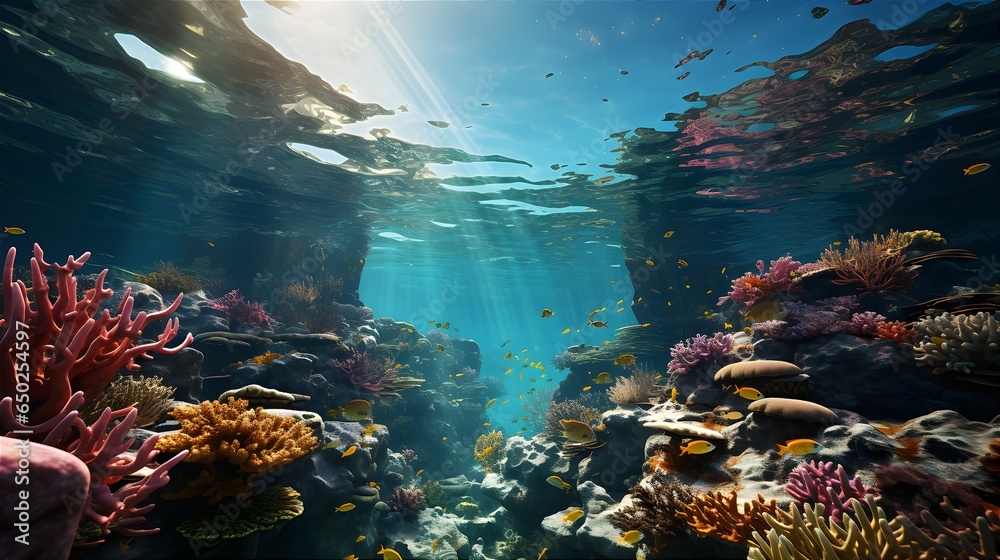 Landscapes Of The Underwater World And Its Vegetation. Illustration On The Theme Of Nature And Climate, Environment And Ecology, Tourism And Recreation. Generative AI - obrazy, fototapety, plakaty 
