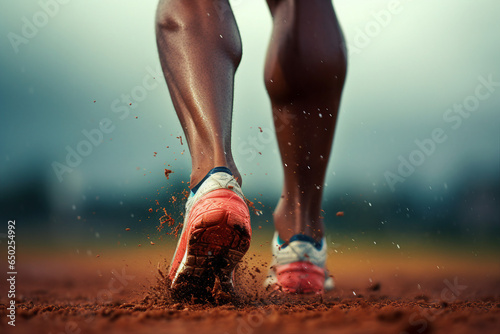 Close up generative AI photography of a male legs wearing nice sportive sneakers running a cross marathon