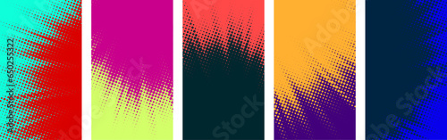Set of colorful sunny rays gradient halftone dots backgrounds with space for text.