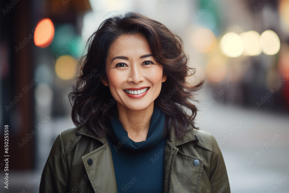 Generative Ai photography of happy positive woman walking on a sunny day in the town