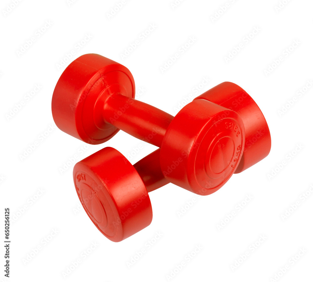 Two bright colored athletic rubber dumbbells, png isolated on transparent background Two bright colored athletic rubber dumbbells, png isolated on transparent background