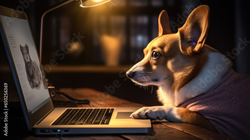 Cute dog looking at laptop