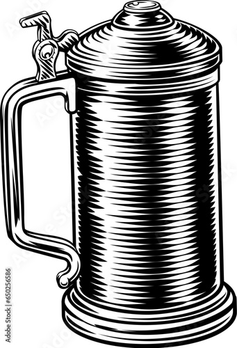 A beer stein German Oktoberfest pint tankard mug in a retro vintage intaglio woodcut engraved style
