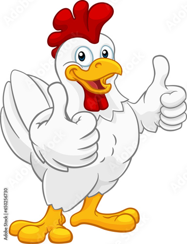 A chicken cartoon rooster cockerel character mascot giving a thumbs up.