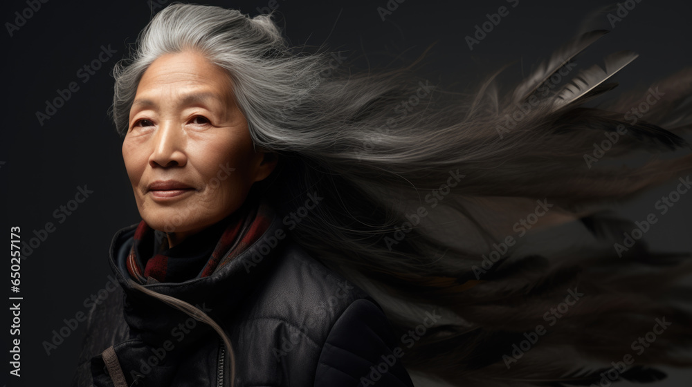 Portrait of senior mature middle aged lady with long gray natural coloring vibrant silky hair.