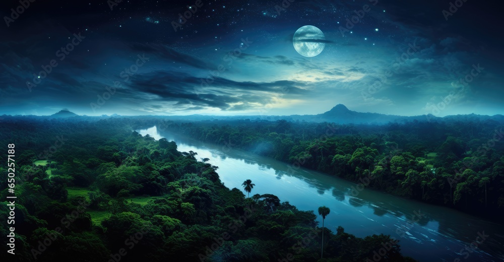 Night full moon over the amazon forest. areal view of the vast amazon river and amazonian lush rain forest jungle. Night full moon over the amazon forest. areal view of the vast amazon river and amazonian lush rain forest jungle.