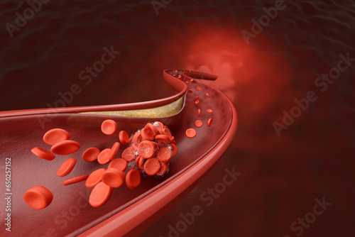 coronary artery and blood clot disease, Blood cell blocked by cholesterol or fat metaphor hyperlipidemia and embolic stroke. 3D rendering. photo