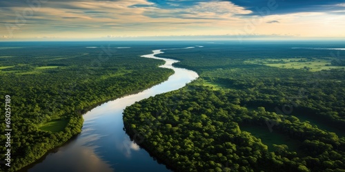 Amazon river. areal view of the vast amazon river and amazonian lush rain forest jungle.