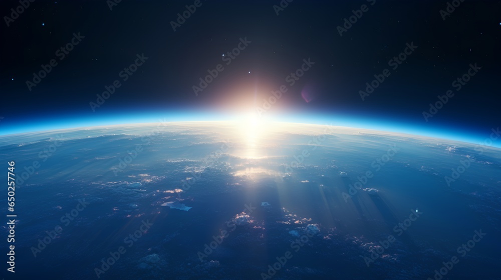 A breathtaking view of the sunrise as seen from the orbit of space, with the suns golden rays illuminating the curvature of the Earth against the vast, starstudded expanse of the cosmos.