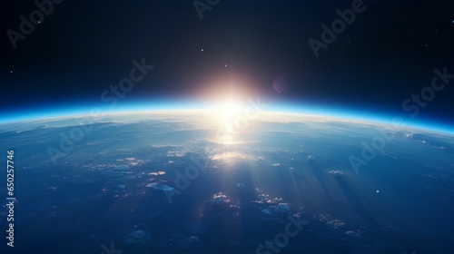 A breathtaking view of the sunrise as seen from the orbit of space, with the suns golden rays illuminating the curvature of the Earth against the vast, starstudded expanse of the cosmos.