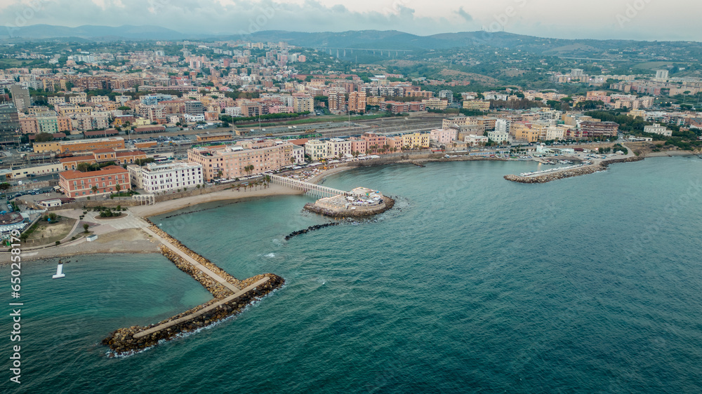 Aerial panorama of Civitavecchia. Photo of the town with crystal clear sea and warm light.