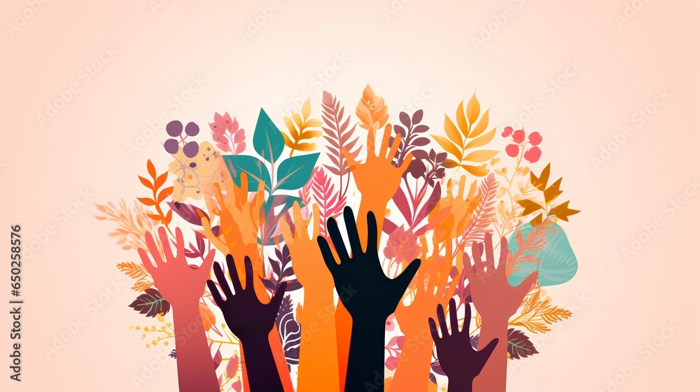 A vibrant, abstract illustration featuring a variety of diverse hands reaching upwards, intertwined with intricate floral elements, symbolizing unity, diversity, and nature. A vibrant, abstract illustration featuring a variety of diverse hands reaching upwards, intertwined with intricate floral elements, symbolizing unity, diversity, and nature.