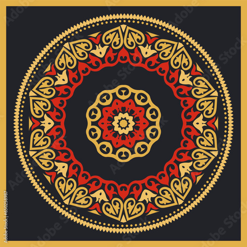 Round Frame, workpiece for your design. Ornamental elements and motifs of Kazakh, Kyrgyz, Uzbek, national Asian decor for plate, textile and print design. Circle frame. Vector.
