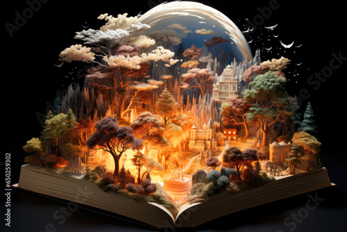 Illustration of an open book showing a landscape of nature the Gods creation Generative AI
