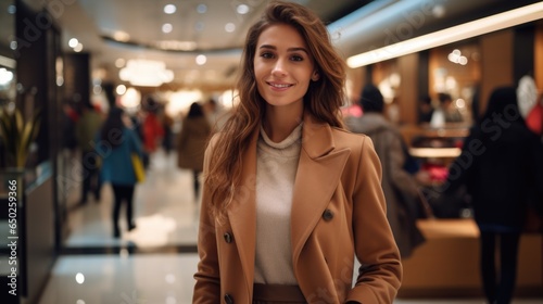 Happy young woman in an elegant clothes coat on sale in the mall.