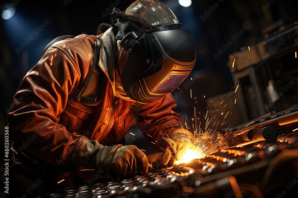 Safety first: A welding specialist demonstrates their skills with careful attention to protective gear in an industrial workshop Safety first: A welding specialist demonstrates their skills with careful attention to protective gear in an industrial workshop