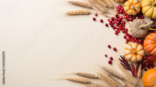 Draufsicht, Erntedank oder Herbst Hintergrundbild mit Kürbissen, roten Beeren und Weizen auf beigem Hintergrund mit viel Platz für eigenen Text photo