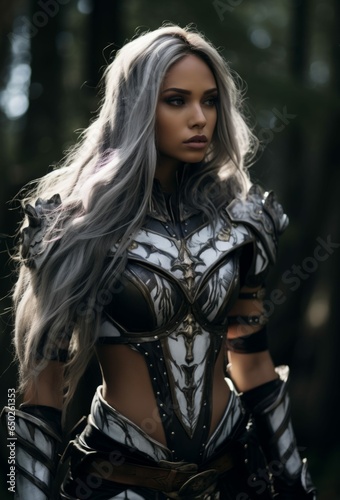 Young Woman with Silver Hair Wearing Armor, Dressed as Female Knight or Elf Warrior Princess, Medieval Fantasy Character Cosplay photo