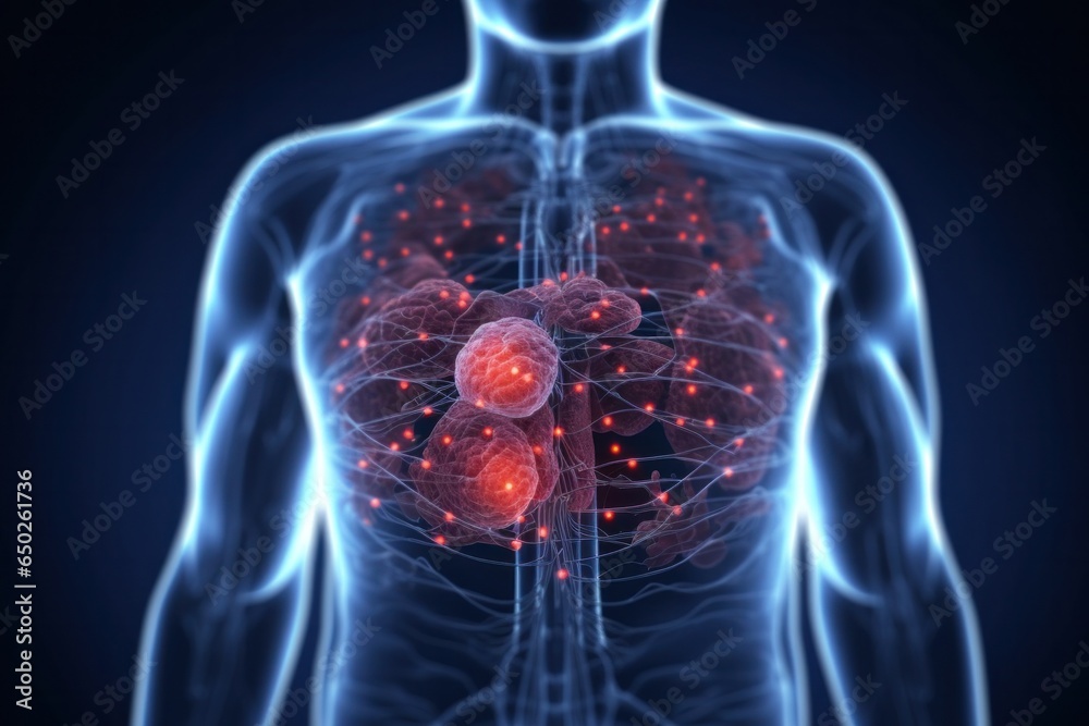 Chest pain highlighted in blue and red in persons body. Medical concept ...