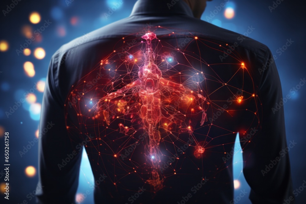 Chest pain highlighted in blue and red in persons body. Medical concept ...