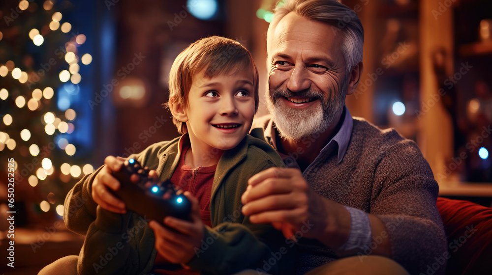 Father and son are playing video games together in a comfortable home Father and son are playing video games together in a comfortable home