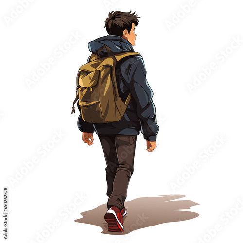 2D illustration of a young man walking while carrying a rather large bag on his back. Wear casual clothes and wear a jacket.