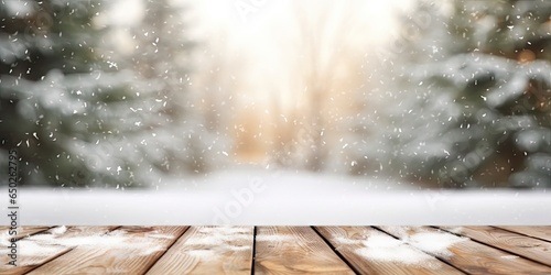 Winter tranquil embrace. Snowy forest scene with empty wooden table. Frosty wilderness. Nature christmas decor. Snowkissed wonderland. Season greetings. Sparkling snowfall in pines photo