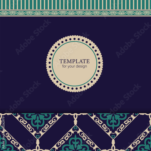 Template for your design. Ornamental elements and motifs of Kazakh, Kyrgyz, Uzbek, national Asian decor for packaging, boxes, banner and print design. Nomad style. Vector.