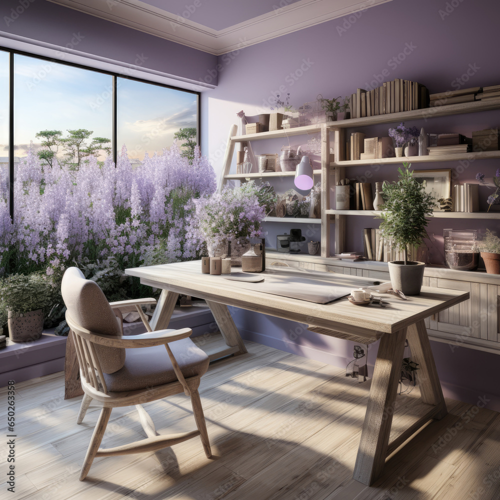 Small armchair at working place with window in lavender garden view in modern house. 