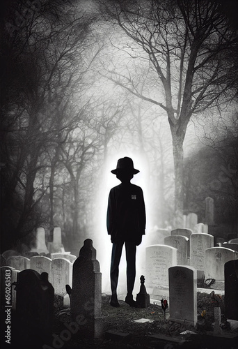 a catboy and a transparent ghost are sitting in the middle of a cemetery, in the style of ethereal, ghostly figures, keith carter, casey childs, gothcore, ghostly forms, herbert list